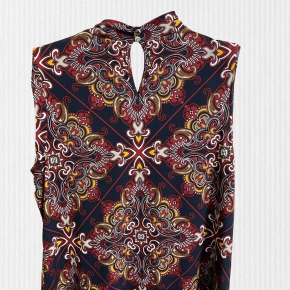 Tommy Hilfiger Shirt Women SZ M Blue Red Tile Medallion Twist V Neck Sleeveless - Picture 7 of 12